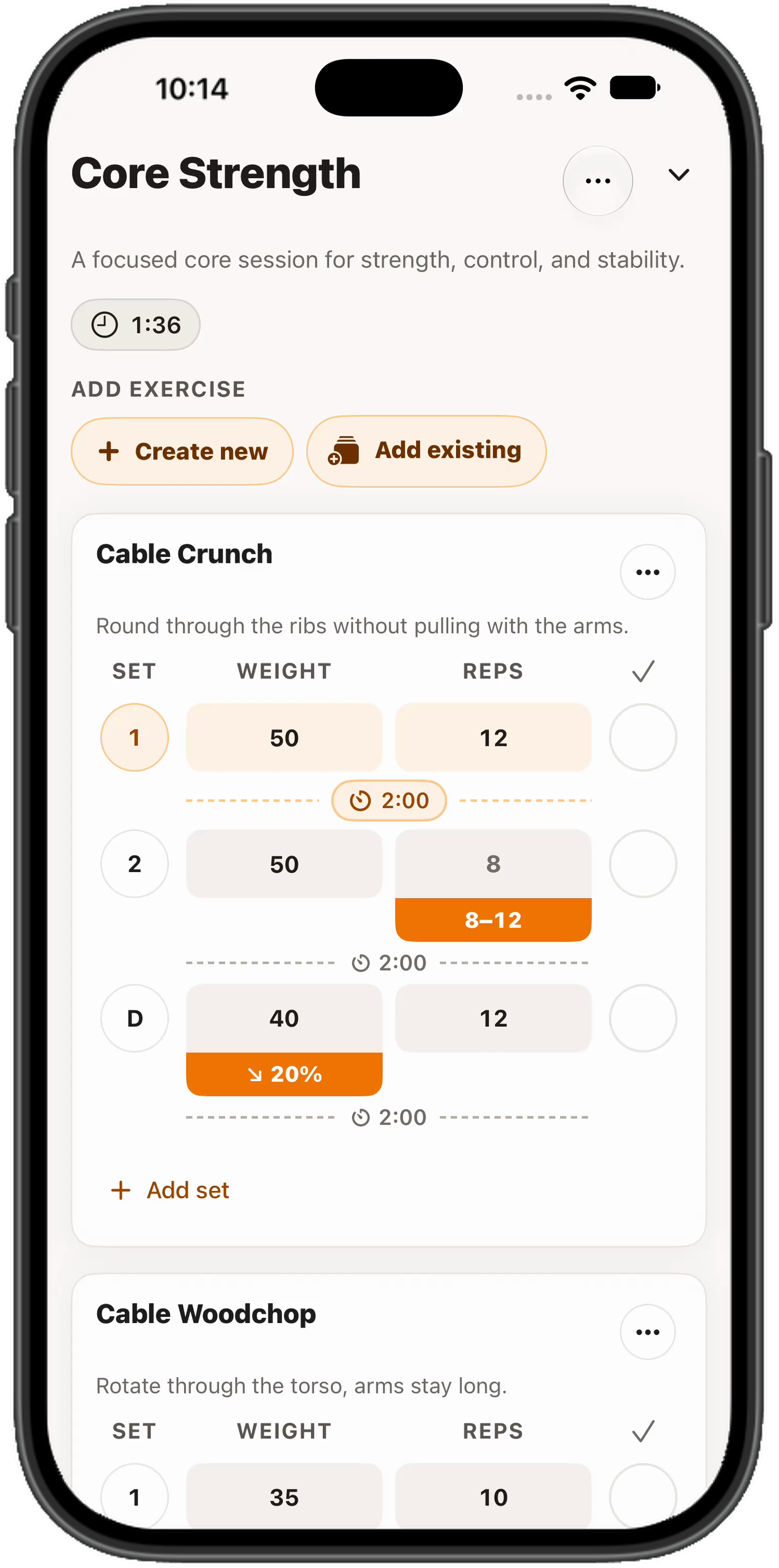 RoutineSpot workout in progress for Core Strength, with an active set, a rep range, and a drop set